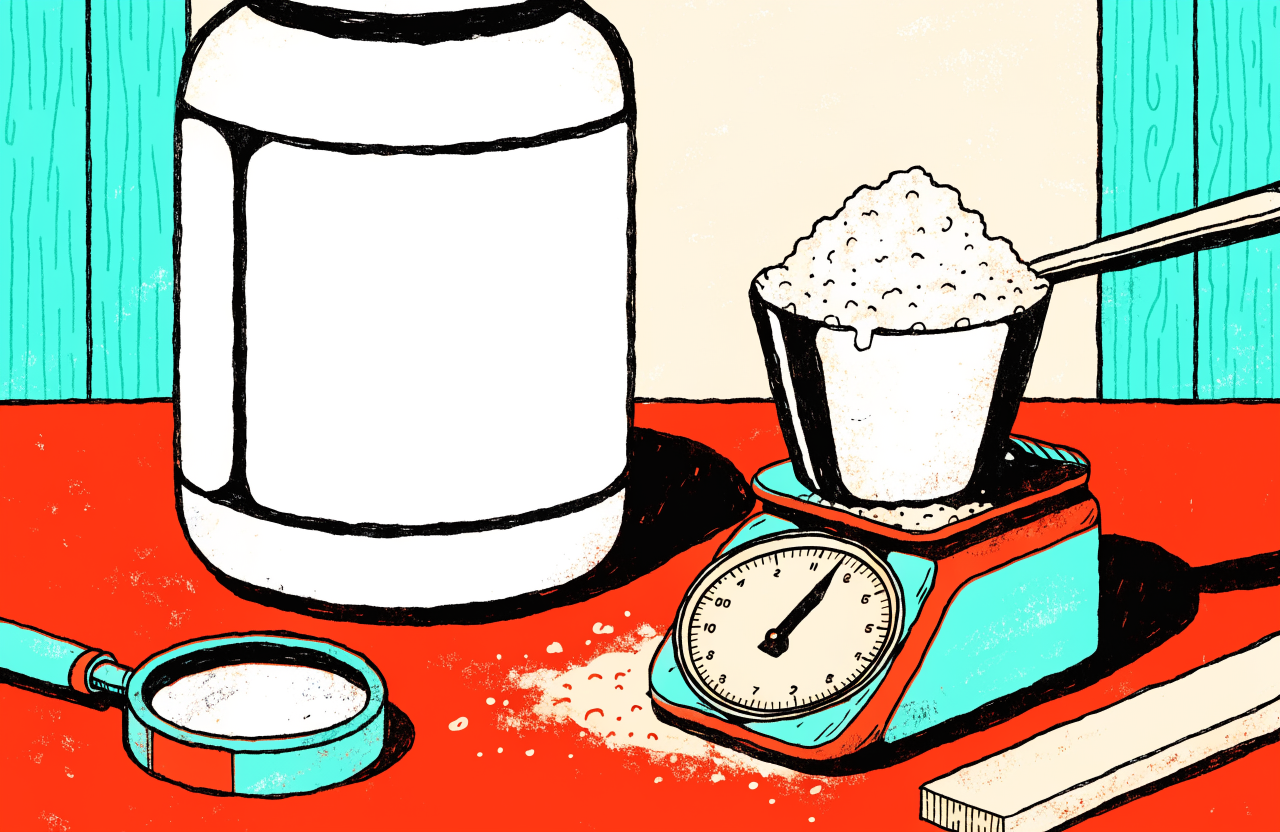Illustration: a supplement tub, a scoop of powder on a weighing scale, a magnifying glass and a ruler